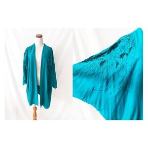 vintage 1980s cut out cardigan rayon hibiscus shawl kimono shacket  L XL